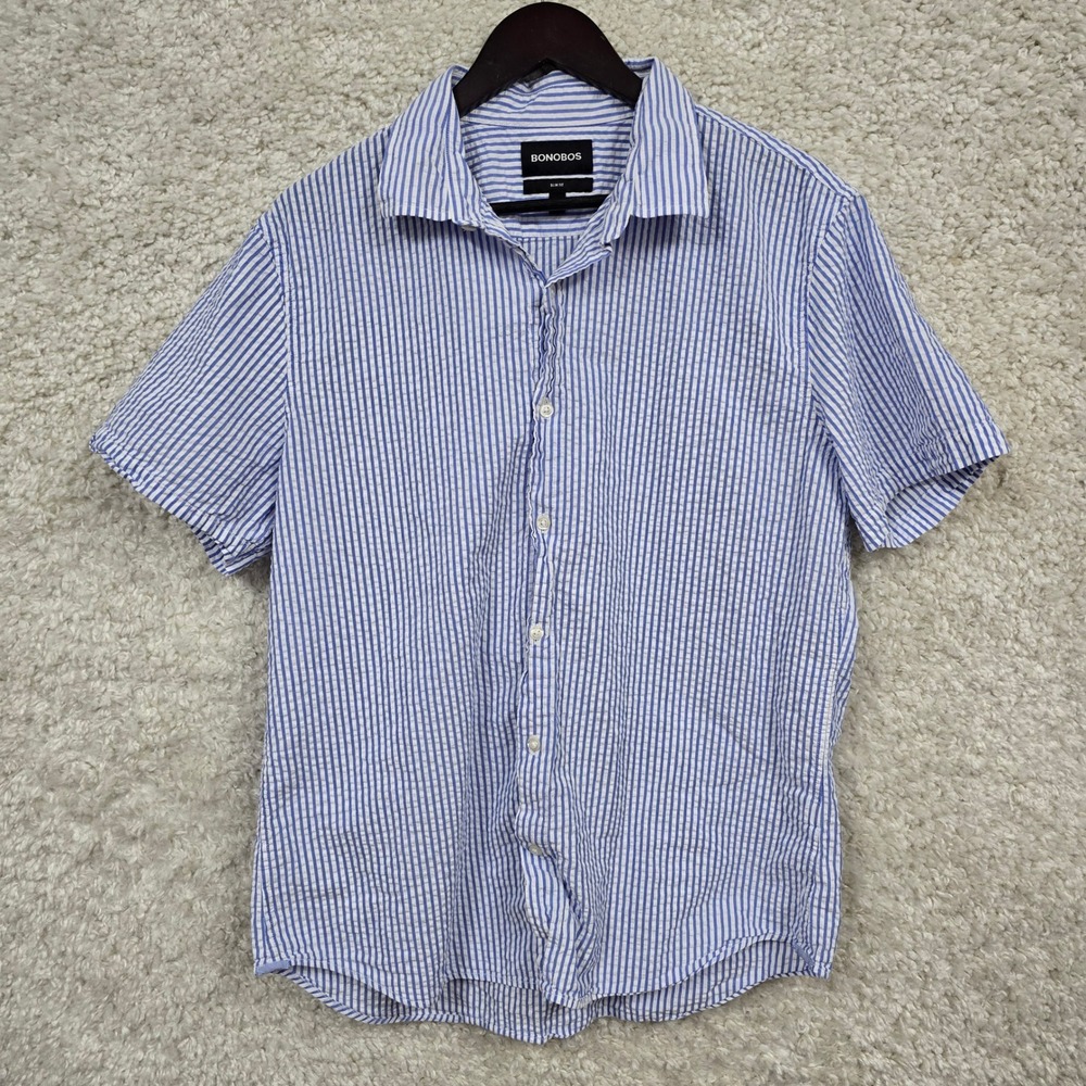 Bonobos Seersucker Shirt Mens XL Blue White Striped Slim Fit Short Sleeve Casual